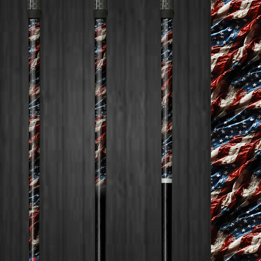 US Flag Golf Shaft Wrap on a golf club, showcasing a vibrant American flag design. The durable vinyl wrap adds a custom, patriotic look to the golf club without affecting its performance.