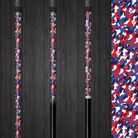 Red, white, and blue camo golf shaft wrap on a golf club, featuring a unique camouflage pattern that showcases patriotic spirit. The durable vinyl wrap is easy to apply and adds a custom look without affecting the club's performance.