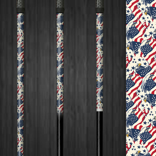 Vinyl golf shaft wrap featuring a design that combines a bald eagle with the American flag. The wrap showcases patriotic imagery and is easy to apply, adding a custom look to the golf club without affecting its performance.