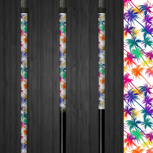 Close-up of Dazzling Palms vinyl golf shaft wrap, showcasing a vibrant palm tree pattern on a golf club for a lively, customized look.