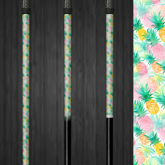 Close-up of Flower Whimsy vinyl golf shaft wrap, highlighting a playful, whimsical floral pattern on a golf club for a fun, customized look.