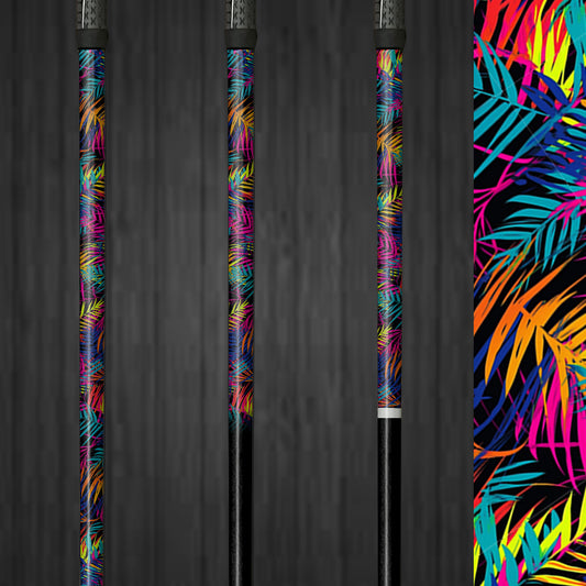 Close-up of Island Glow vinyl golf shaft wrap, showcasing a radiant tropical pattern on a golf club for a vibrant, customized look.