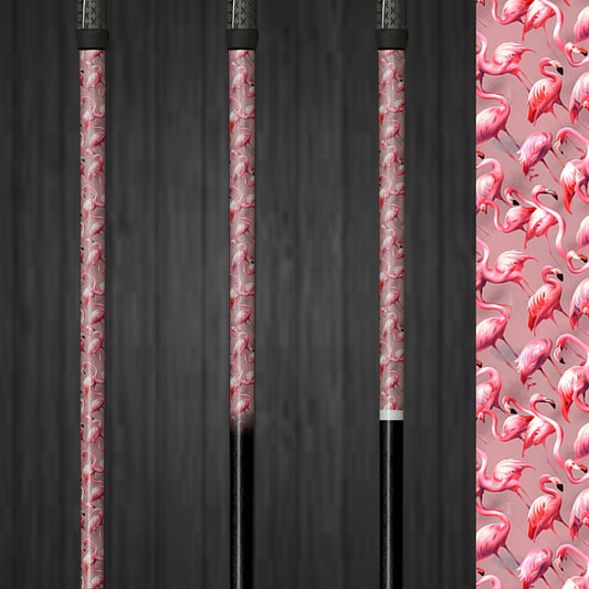 Close-up of Pink Paradise vinyl golf shaft wrap, highlighting a lush, tropical pink pattern on a golf club for a vibrant, customized look.