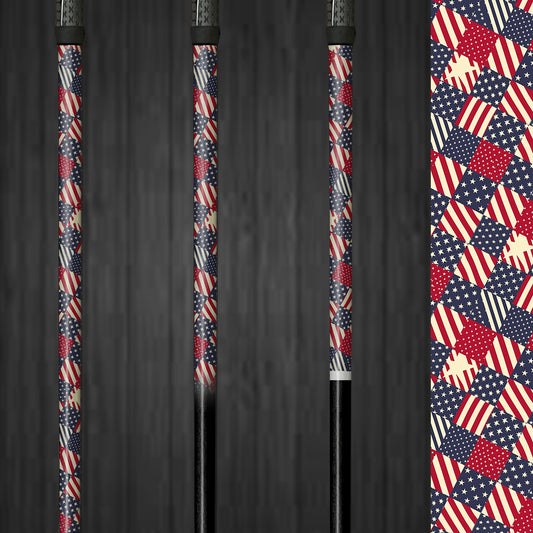 Vinyl golf shaft wrap featuring a quilt-like design made from American flags. The wrap offers a unique, patriotic look and is easy to apply, adding a custom touch to the golf club without affecting its performance.