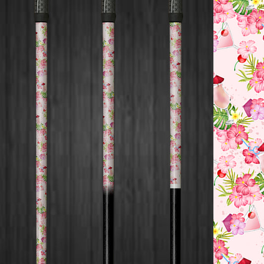 Close-up of Rose Martini vinyl golf shaft wrap, showcasing a chic rose and martini glass pattern on a golf club for an elegant, customized look.