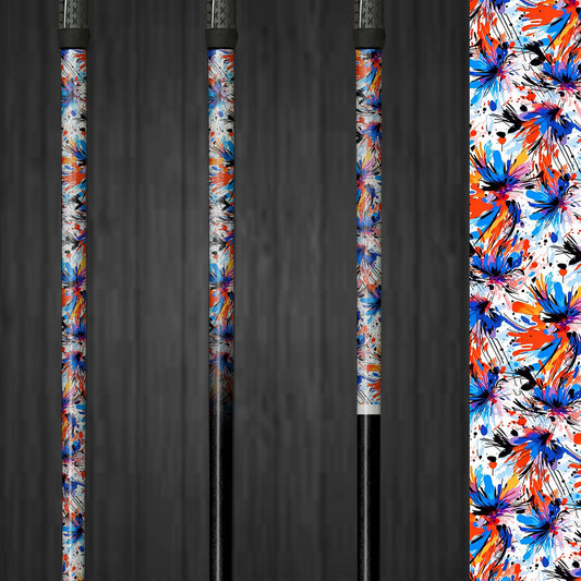 A golf club with a vinyl shaft wrap featuring a vibrant splash of blue, red, and orange flowers on a white background. The wrap is applied smoothly, adding a bold and custom look to the club. The lively floral design highlights the easy application and the colorful, eye-catching style it brings to the golf shaft.