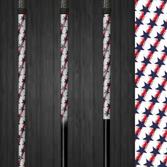 Vinyl golf shaft wrap featuring blue stars on a white background with red stripes. The wrap adds a patriotic touch to the golf club and is easy to apply, offering a custom look without impacting the club's performance.