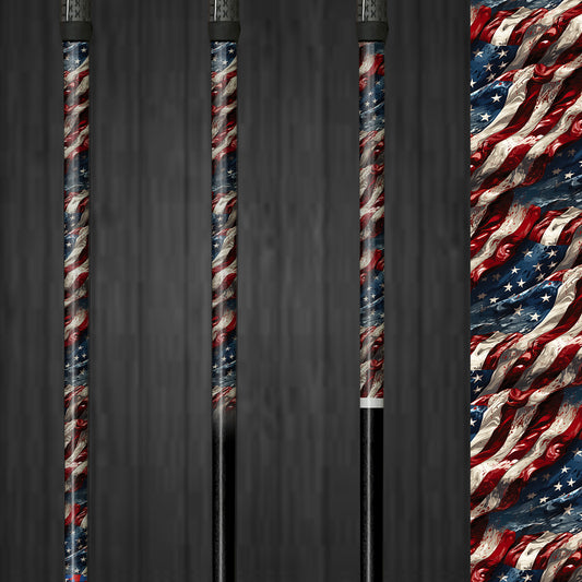 US Flag Golf Shaft Wrap on a golf club, showcasing a vibrant American flag design. The durable vinyl wrap adds a custom, patriotic look to the golf club without affecting its performance.