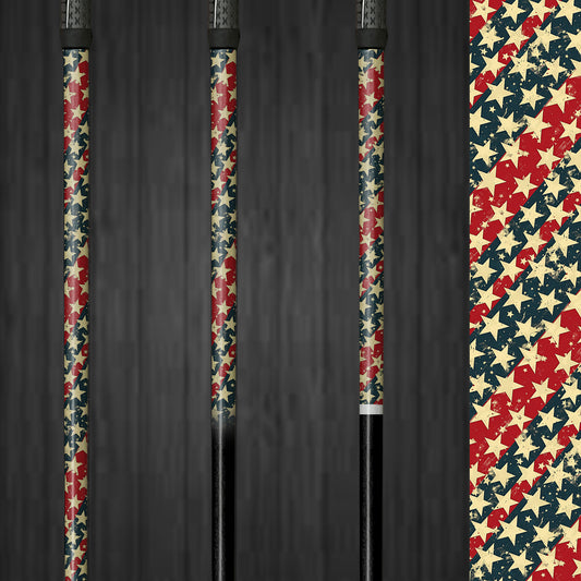 Vinyl golf shaft wrap featuring beige stars on a red and blue striped background. The wrap adds a patriotic and stylish look to the golf club, is easy to apply, and does not impact the club's performance.