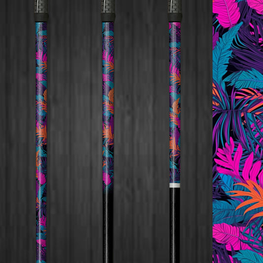 Close-up of Tiki Bliss vinyl golf shaft wrap, showcasing a vibrant tiki-themed pattern on a golf club for a tropical, customized look.