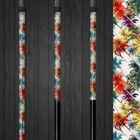 Close-up of Tropical Burst vinyl golf shaft wrap, highlighting a lively tropical pattern on a golf club for a vibrant, customized look.