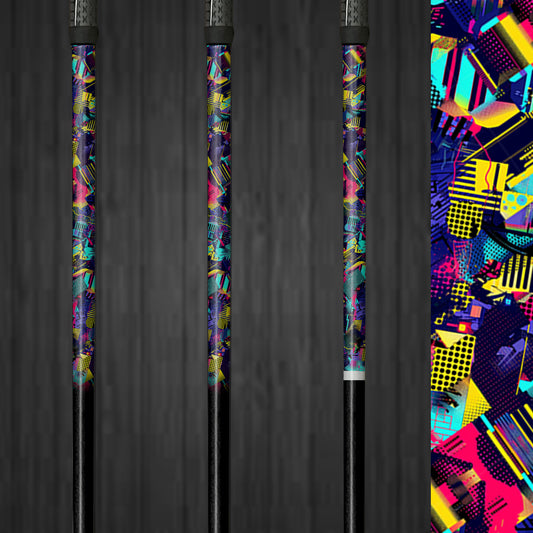 Set of 3 Vivid Vibrance vinyl golf shaft wraps, showcasing a bold and colorful pattern on golf clubs for an energetic, customized look.