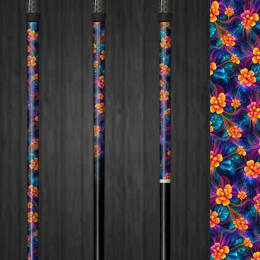 A golf club with a vinyl shaft wrap featuring vibrant orange, purple, and blue flowers. The wrap is smoothly applied, adding a bold and custom look to the club. The colorful floral design highlights the easy application and the lively, unique style it brings to the golf shaft.